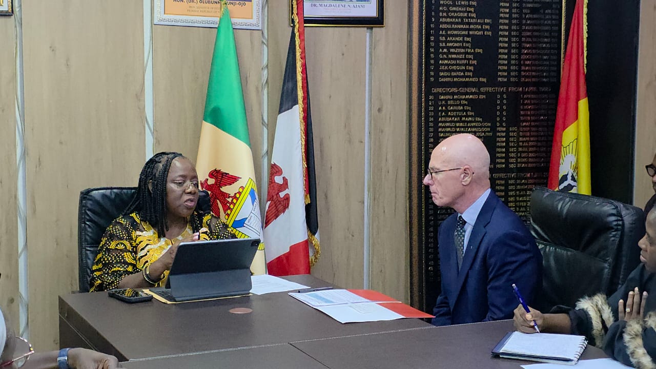 Permanent Secretary, Ministry of Interior, Dr Magdalene Ajani, representing the Minister of Interior, Olubunmi Tunji-Ojo while receiving the Canadian Chargé d’Affaires, David Sproule, and his delegation in Abuja on Tuesday 