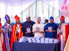 2027: Charismatic Bishops Back Tinubu for Second Term (R–L): President-General, Charismatic Bishops Conference of Nigeria, Archbishop Leonard Bature Kawas; representative of the President and Commander-in-Chief of the Armed Forces and the Secretary to the Government of the Federation, Senator George Akume; Minister of Information and National Orientation, Mohammed Idris; representative of the First Lady of the Federal Republic of Nigeria; and National Chairman, Lagos State CAN, Bishop (Dr.) Stephen Adegbite, during the unveiling of the book Nigerian National Prayer Handbook, authored by Archbishop, Prof. Leonard Bature Kawas, at the Grand Finale of the 2026 Synod of the Charismatic Bishops Conference of Nigeria, on September 9, 2026, in Abuja. Photo: Khalid Ahmed/FMINO