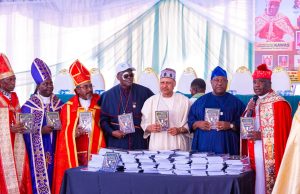 2027: Charismatic Bishops Back Tinubu for Second Term (R–L): President-General, Charismatic Bishops Conference of Nigeria, Archbishop Leonard Bature Kawas; representative of the President and Commander-in-Chief of the Armed Forces and the Secretary to the Government of the Federation, Senator George Akume; Minister of Information and National Orientation, Mohammed Idris; representative of the First Lady of the Federal Republic of Nigeria; and National Chairman, Lagos State CAN, Bishop (Dr.) Stephen Adegbite, during the unveiling of the book Nigerian National Prayer Handbook, authored by Archbishop, Prof. Leonard Bature Kawas, at the Grand Finale of the 2026 Synod of the Charismatic Bishops Conference of Nigeria, on September 9, 2026, in Abuja. Photo: Khalid Ahmed/FMINO