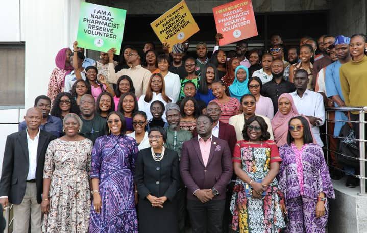 The NAFDAC Pharmacists Reserve Volunteer at the inauguration pose to a group photograph with the DG, Prof Mojisola Adeyeye, and the directors