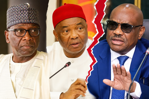 Collage photo of Chairman, Nigeria Governors Forum, AbdulRahman AbdulRazaq, APC Governors Forum, Hope Uzodimma; and FCT Minister, Nyesom Wike 