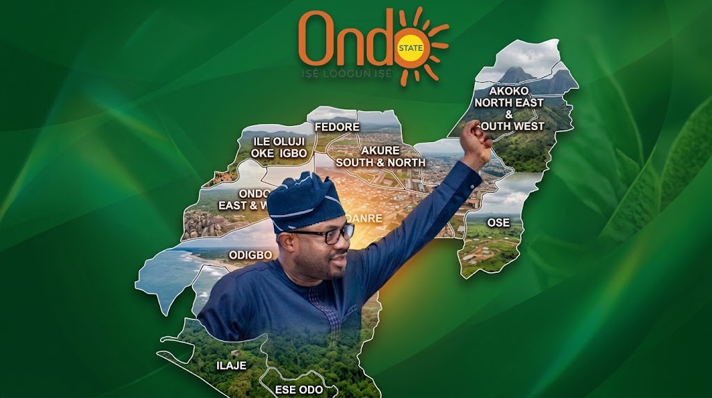 Photo of Minister of Interior, Olubunmi Tunji-Ojo (BTO) and Ondo State map 