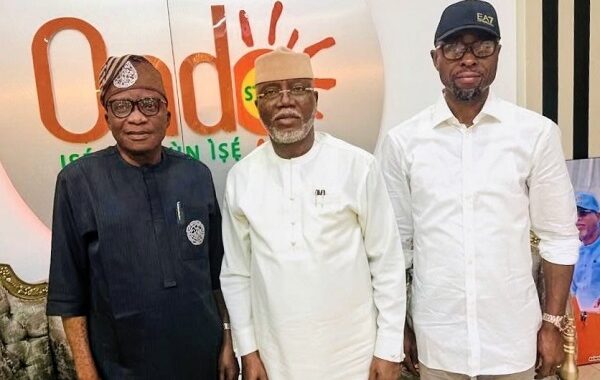 (L-R): Secretary-General of the pan-Yoruba socio-cultural organisation, Afenifere, Chief Sola Ebiseni; Ondo State Governor, Lucky Aiyedatiwa; Ondo APC State Chairman, Kolawole Babatunde, in Akure in Thursday