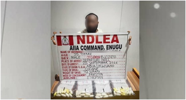 25-year-old businessman nabbed at Enugu Airport by NDLEA for allegedly ingesting 72 wraps of cocaine for delivery to Portugal