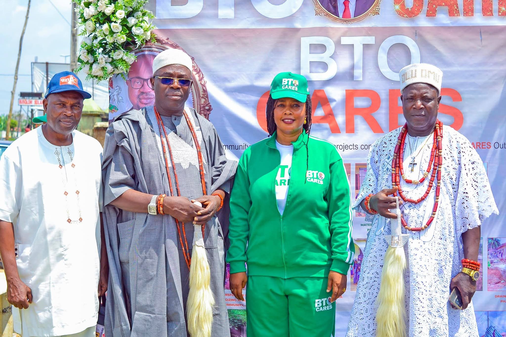 L-R: Chairman Zone 2 Olufoam, Akure, Prince Olu Atere; Asakin of Abo-Asakin Kingdom, HRM Oba Adebayo Sunday Ademehinti; the Coordinator of BTO CARES, Iretidola Akinrowo Ojekhoa; HRH Olu of Omu, Idowu Adewole; at the official launch of BTO CARES, an intervention sponsored by the Minister of Interior, Hon. Olubunmi Tunji-Ojo, in Akure on Thursday.