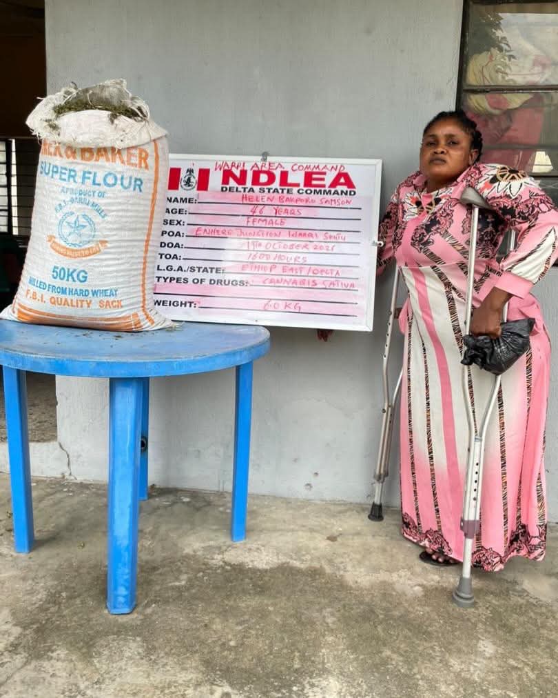 46-year-old Helen Bakporo Samson, a physically challenged woman, nabbed by NDLEA at Enhere Junction, Warrri, Delta State.