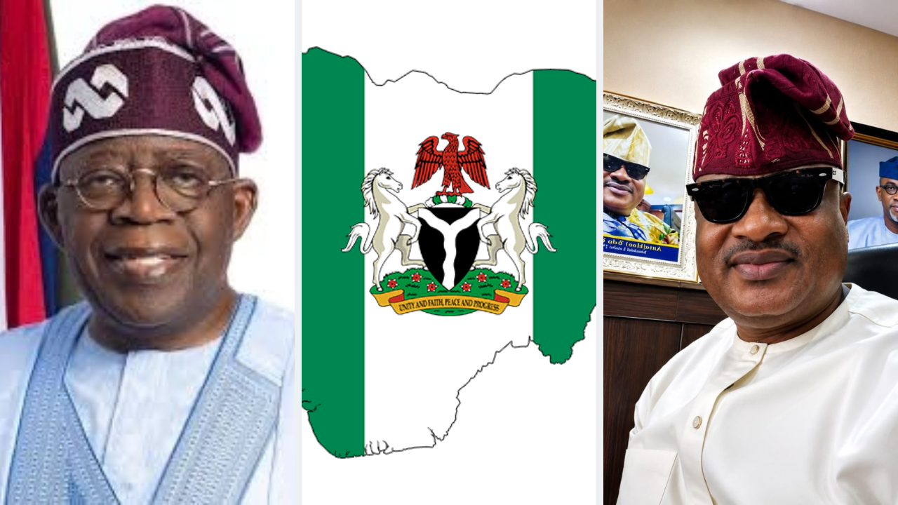 A collage of President Bola Ahmed Tinubu, map of Nigeria and Aare Tolu Bankole 