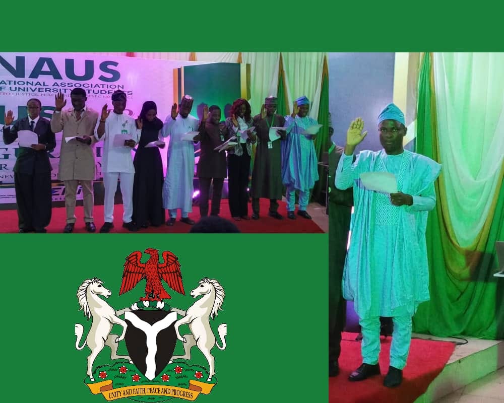 Moses Alalade, National Treasurer, National Association of University Students (NAUS), taking the oath of office during the inauguration and swearing-in ceremony of the newly elected NAUS National Executive Council in Abuja on September 22, 2026.