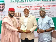State Police Bill: Presidency Vows Protection Against Individual Abuse L-R: Chairman of the House Committee on Media and Public Affairs, Akin Rotimi Jr.; Executive Secretary of the National Assembly Library Trust Fund, Hon. Henry Nwawuba; Chairman of the House of Representatives Press Corps, Gboyega Onadiran; at the 2nd Annual Distinguished Parliamentarian Lecture on State Police Bill organised by the House of Representatives Press Corps, in Abuja on Tuesday