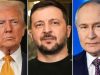 US Siding With Putin Will Be Historic Mistake, Zelenskyy Warns Collage of Trump, Zelenskey and Putin