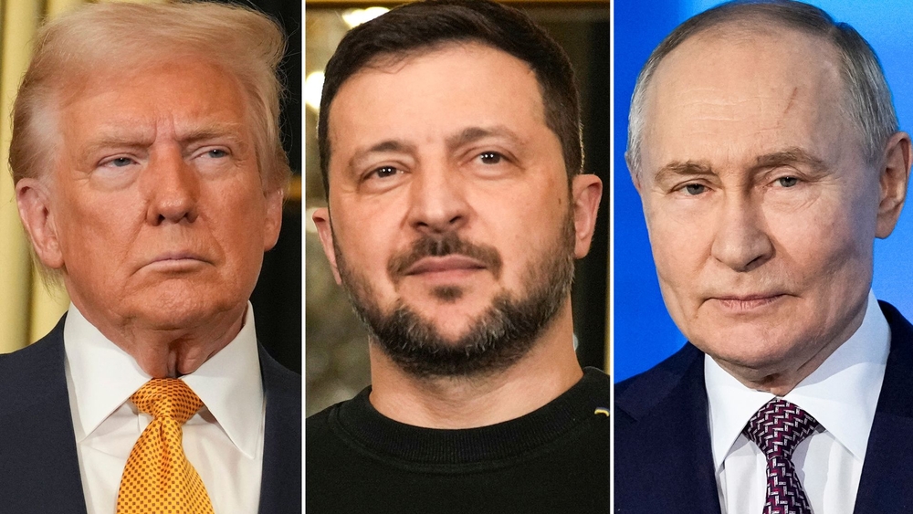 Collage of Trump, Zelenskeyy and Putin