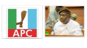 Collage of Senator Sunday Karimi and APC logo