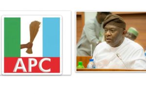 Kogi West Youth Group Faults Senator Karimi Over Council Funding, Party Unity Collage of Senator Sunday Karimi and APC logo