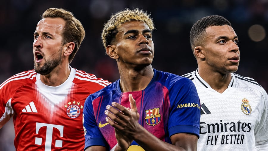 Harry Kane, Lamine Yamal and Kylian Mbappe