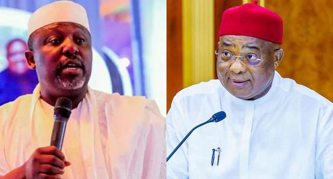 Collage of Rochas Okorocha and Hope Uzodimma 